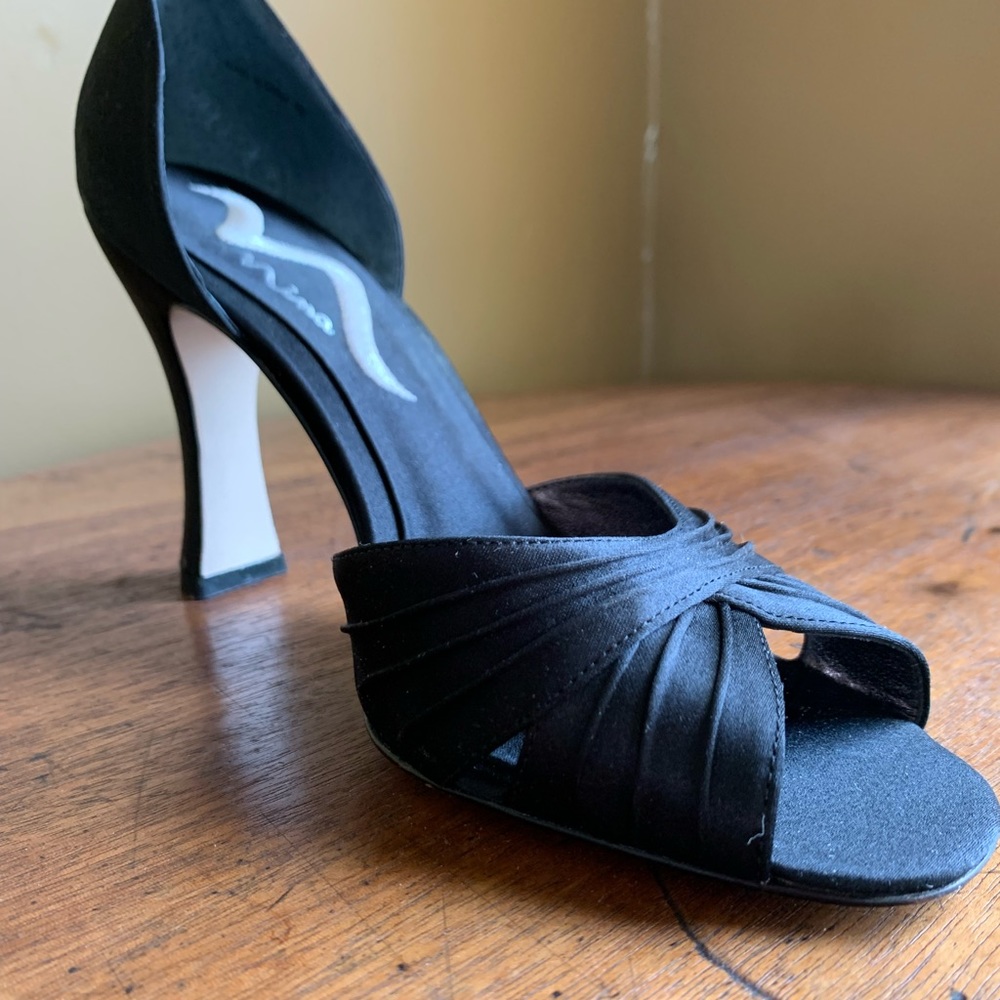 Nina Black Satin Peep-tie Heels